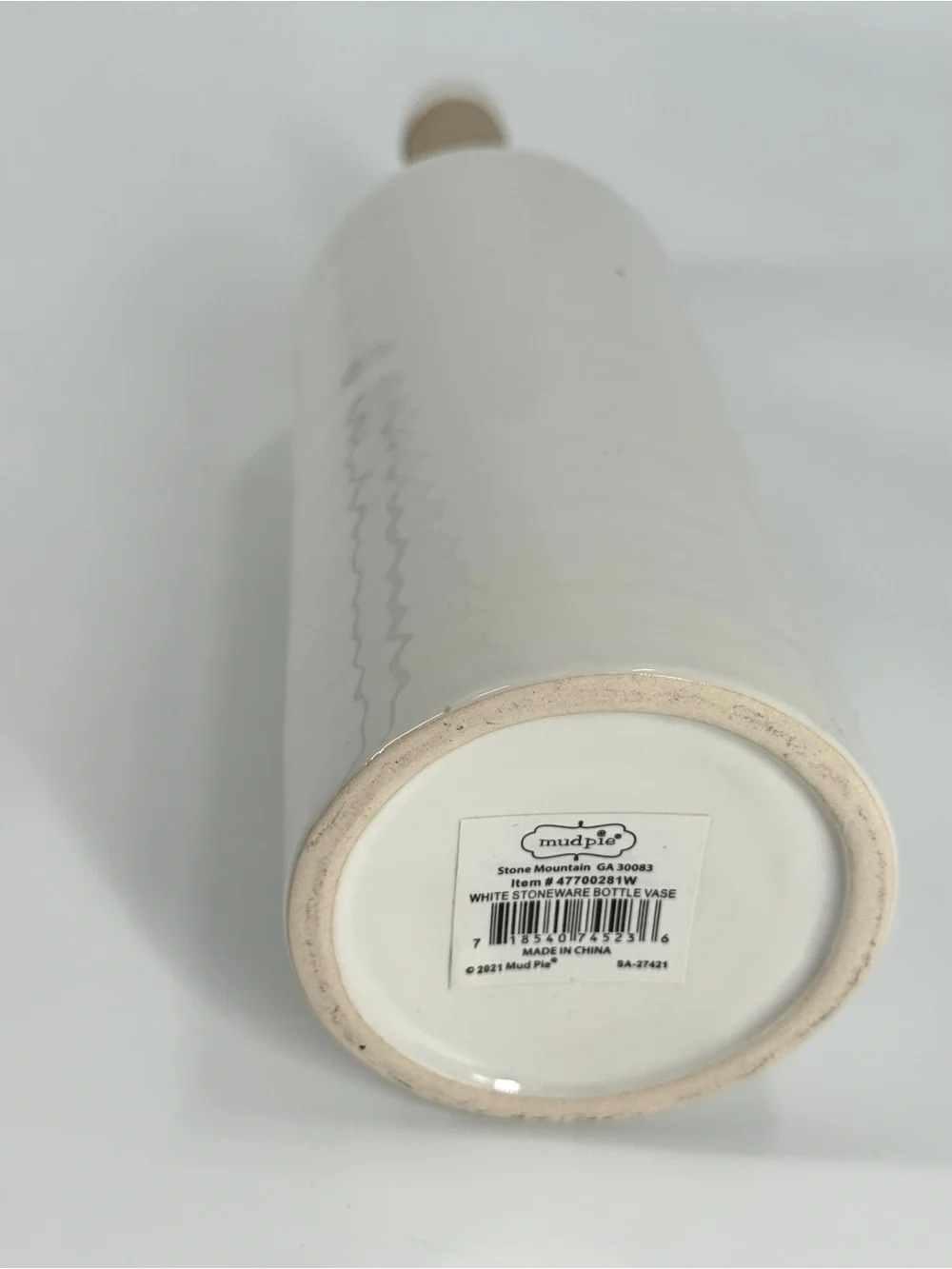 MUD PIE 12” WHITE STONEWARE BOTTLE VASE